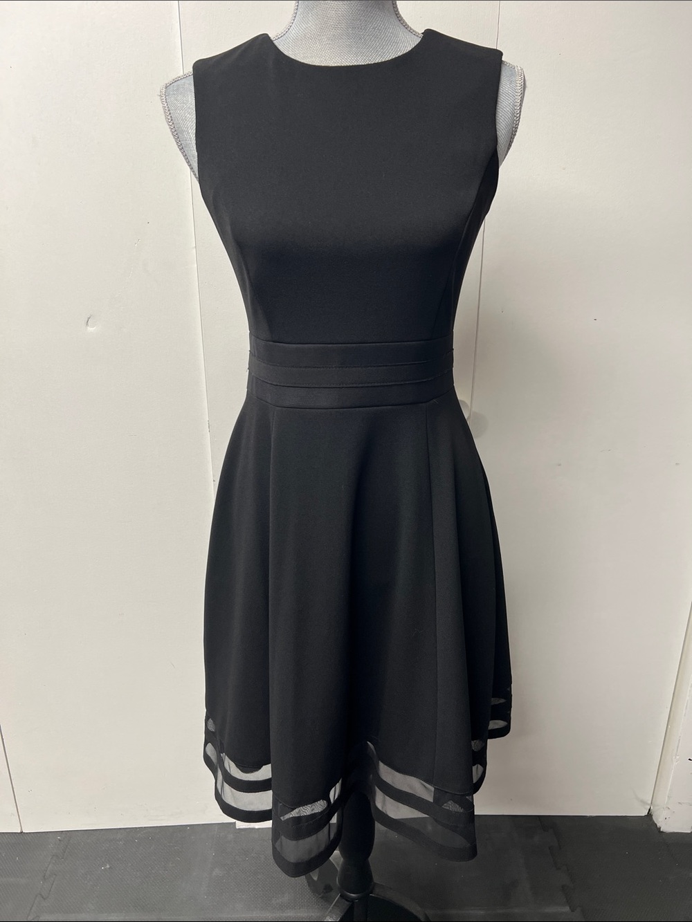 Calvin Klein Black Sleeveless Fit-and-Flare Dress with Sheer Hem Stripes